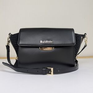 Baldinini Structured Black Leather Crossbody‎ Bag Made In Italy Architectural